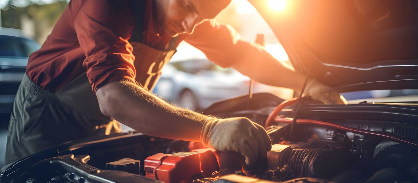 A mechanic is inspecting the engine of a car with its hood raised.